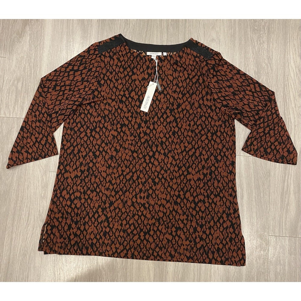 Chico's size 3 XL New! Animal Print Cheetah Shirt Blouse Top 3/4 Sleeve NWT $$90
